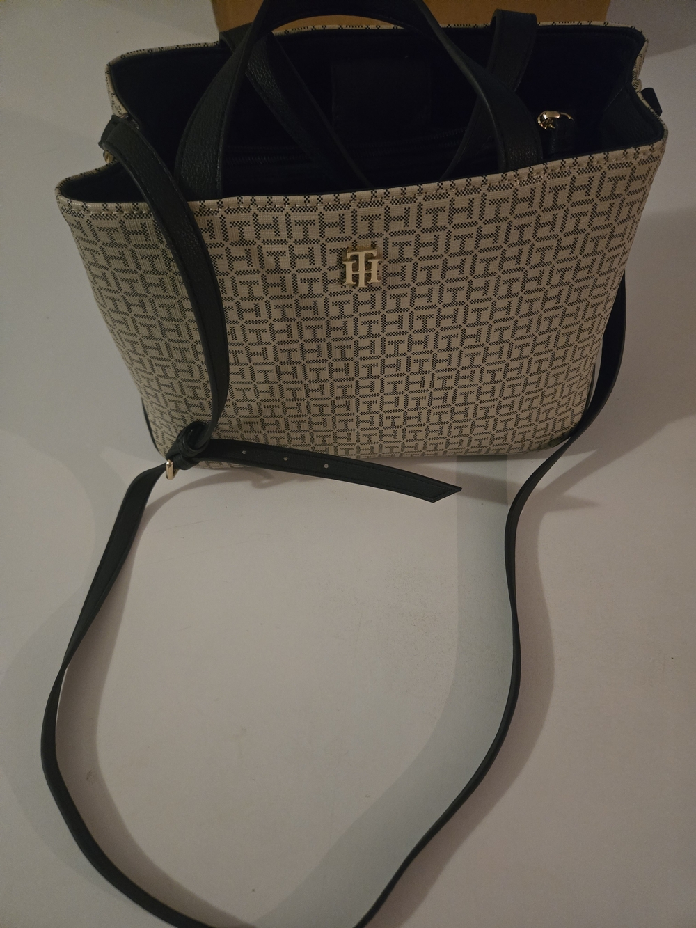Tommy Hilfiger Beige Monogram Tote with Blue Accents